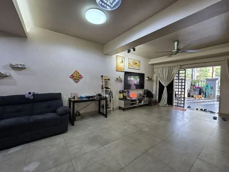 Living features: grey fabric sofa, black coffee table, TV console, wall-mounted TV, decorative wall shelves, recessed ceiling lights, ceiling fan, sliding glass door, curtains, tile flooring, wall art, area rug; style: modern; view: garden.