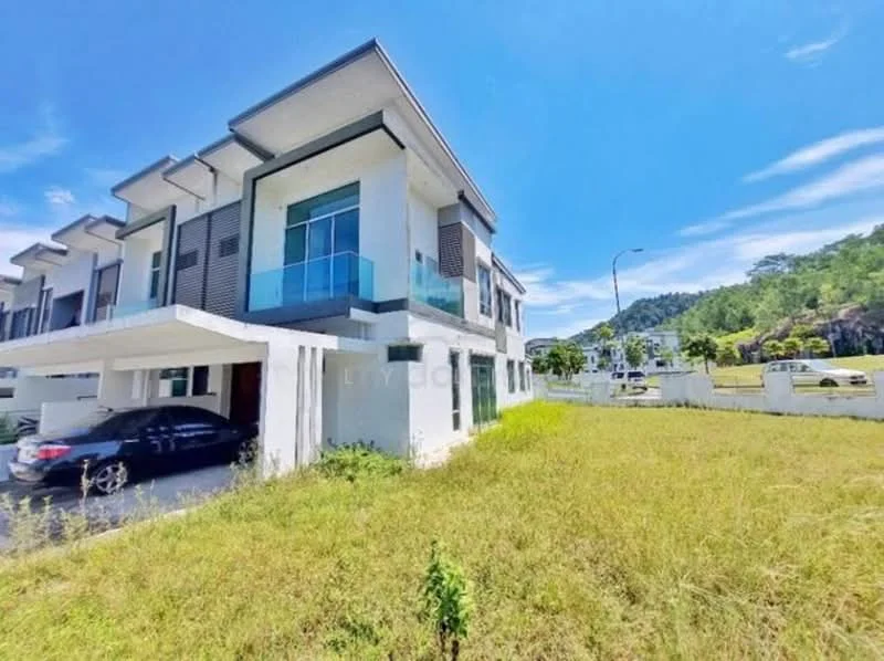 Exterior type: linked terrace house; features: white painted facade, flat roof, approximately 2-storey, large windows, balcony on upper floor, manicured lawn, driveway with interlocking pavers, surrounded by greenery, mountain view in background; style: modern.