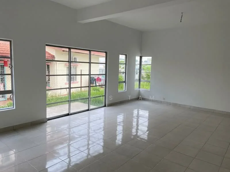 Room features: white painted walls, tile flooring, large windows, sliding glass door, natural light, high ceiling, open layout, view of garden; style: modern; view: garden.