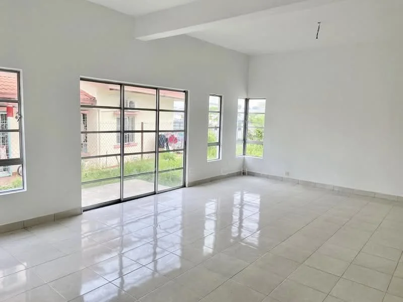 Living features: white painted walls, tile flooring, floor-to-ceiling windows, sliding glass door, natural light, high ceiling, open layout, view of garden; style: modern; view: garden.