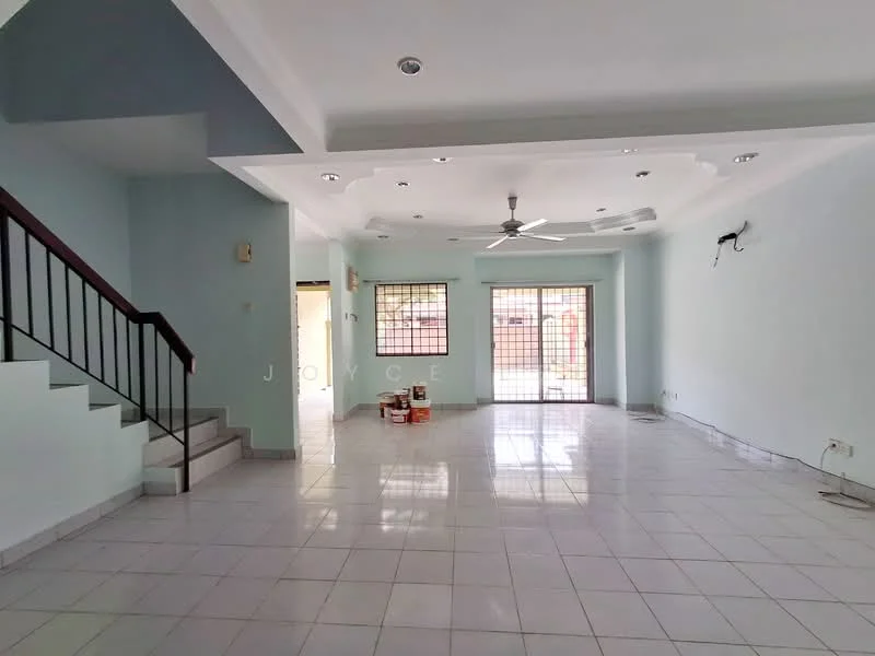 Living features: white painted walls, ceiling with recessed downlights, 5-blade ceiling fan, large windows with security bars, tiled flooring, open layout, staircase with wooden railing, paint cans on the floor; style: modern.