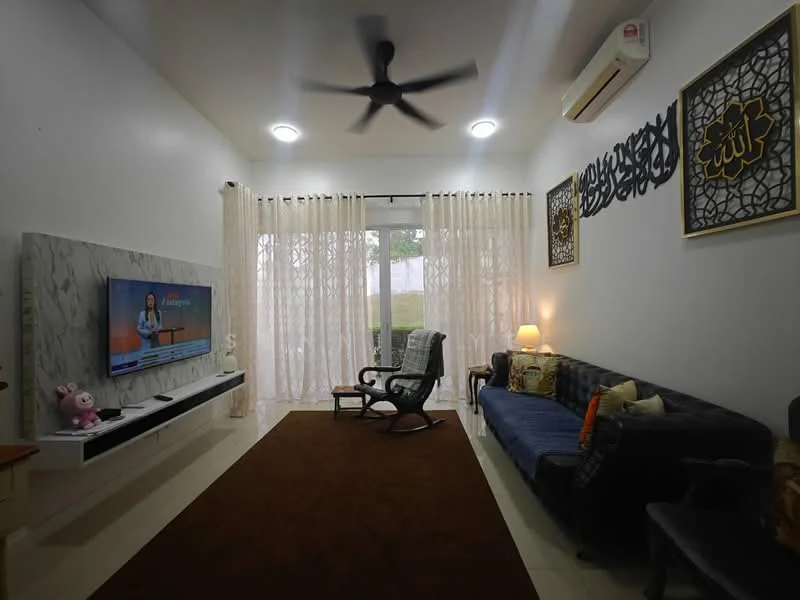 Living features: white painted walls, marble feature wall with TV mount, wall-mounted TV, 3-seater fabric sofa in blue, rocking chair, area rug in brown, ceiling fan with light, recessed downlights, curtains, decorative wall art, side table with lamp; style: modern; view: garden.