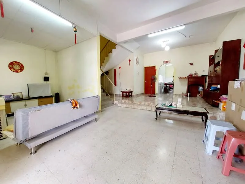 Living features: cream painted walls, marble flooring, sofa, coffee table, TV console, wall-mounted TV, staircase, decorative wall hanging, ceiling light, open layout. Dining features: dining table, chairs, wooden cabinet, decorative items.