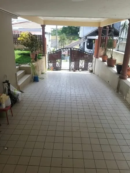 Room features: tiled flooring, white walls, pillars, large glass sliding door, steps leading to outdoor area, potted plants, outdoor view, natural light from sliding door; view: garden.