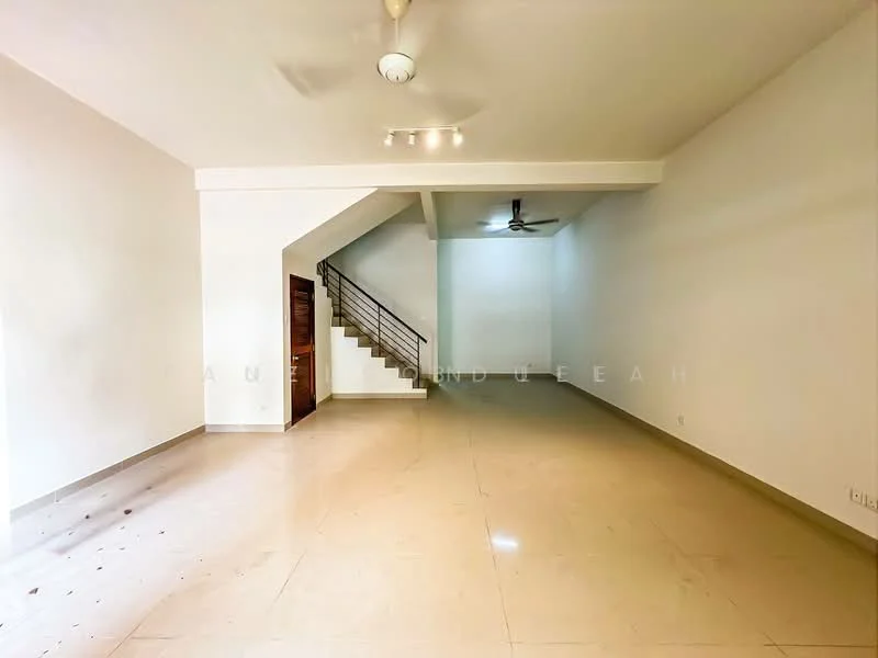 Living features: cream tiled flooring, white painted walls, ceiling fan, staircase with metal railing, recessed downlights, large window for natural light; style: modern.