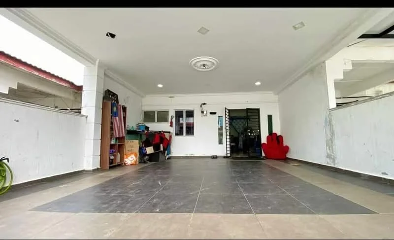 Exterior features: large open space, grey tiled flooring, white painted walls, ceiling with recessed lights, double doors leading to interior, red decorative hand sculpture, storage area with shelves, exposed ceiling, no visible landscaping; style: modern.