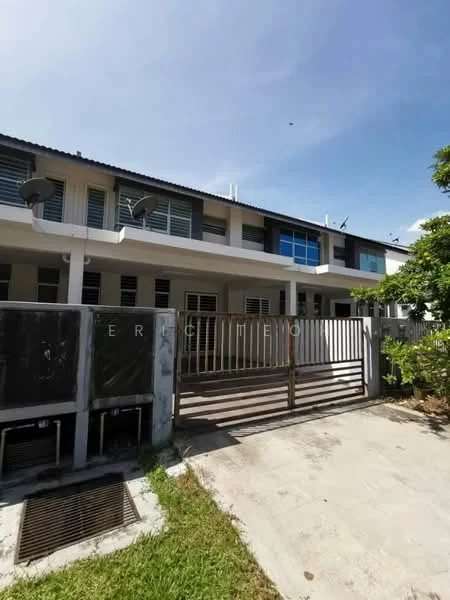 Exterior type: linked terrace house; features: two-storey building, white painted facade, balconies on upper floor, metal railing on balconies, manicured lawn, paved driveway, gated entrance, multiple air conditioning units visible, surrounded by greenery; style: modern.