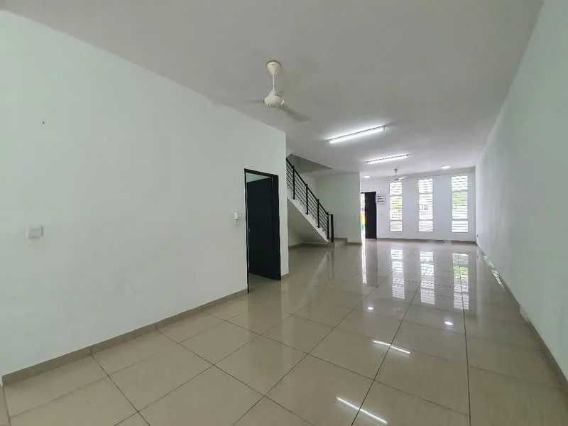 Room features: white painted walls, glossy ceramic tile flooring, ceiling fan, staircase, sliding windows with horizontal slats, recessed ceiling lights, open layout, natural light from windows; style: modern.