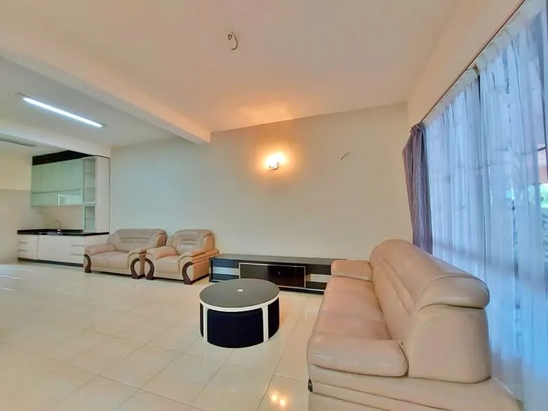 Living features: cream leather 3-seater sofa, cream leather 2-seater sofa, round coffee table with dark top and white base, wall-mounted TV console, white painted walls, glossy tile flooring, large windows with sheer curtains, recessed ceiling lights; style: modern.