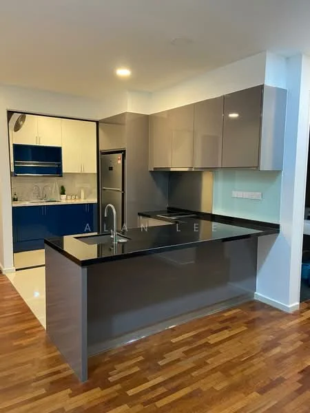 Kitchen features: black granite countertop, grey high-gloss cabinetry, blue lower cabinets, stainless-steel fridge, stainless-steel sink, chrome pull-down faucet, built-in oven, ceramic tile flooring, recessed downlights, open layout, wall-mounted cabinets, backlit backsplash; style: modern.