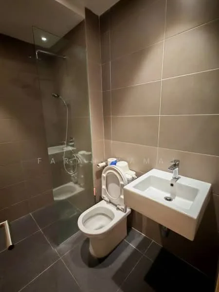 Bathroom features: walk-in shower with glass enclosure, chrome handheld shower, white wall-mounted sink, chrome basin mixer faucet, one-piece toilet, grey tiled walls, dark grey floor tiles, recessed lighting; style: modern.