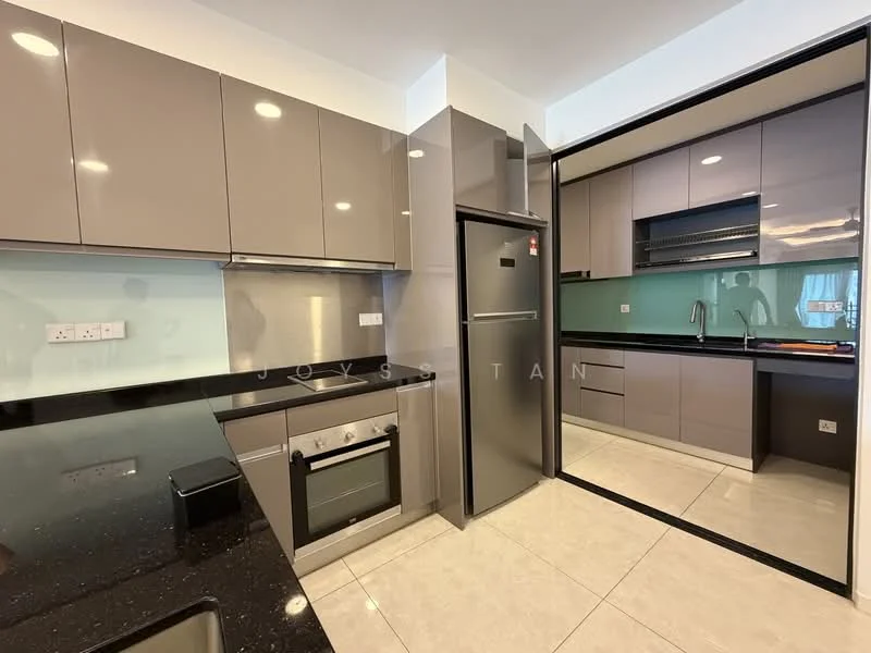 Kitchen features: grey high-gloss cabinetry, black granite countertop, stainless-steel built-in oven, stainless-steel fridge, glass backsplash, ceramic tile flooring, stainless-steel sink, chrome pull-down faucet, induction cooktop, under-cabinet lighting, recessed downlights; style: modern.