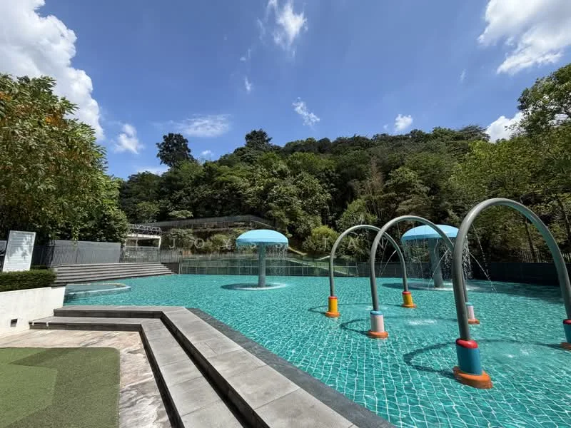 Exterior type: swimming pool deck; features: infinity pool, water play features with arches, tiled pool deck, surrounded by landscaped greenery, steps leading into the pool, blue umbrellas for shade, manicured lawn area, natural hillside backdrop; style: modern.