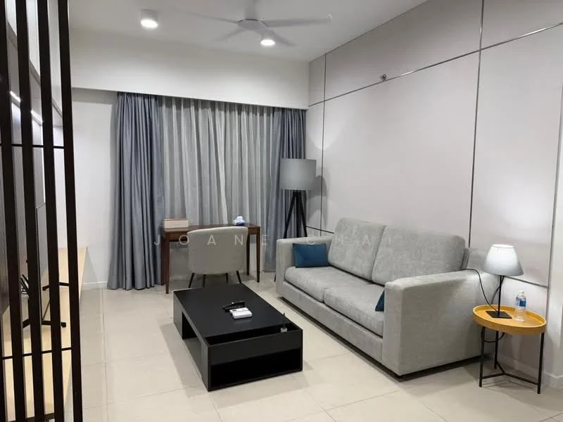 Living features: 3-seater fabric sofa in light grey, black coffee table, wooden study desk, table lamp, floor lamp, curtains in light grey, wall-mounted TV, light-colored tiled flooring, ceiling fan with light, decorative cushions in blue, wall paneling, decorative wall art; style: modern.