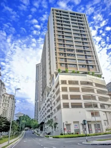 Exterior type: high-rise condominium; features: glass curtain wall, cream painted facade, recessed balconies, multiple storeys, surrounded by greenery, landscaped entrance, parking deck, street view, modern architectural design; style: modern.