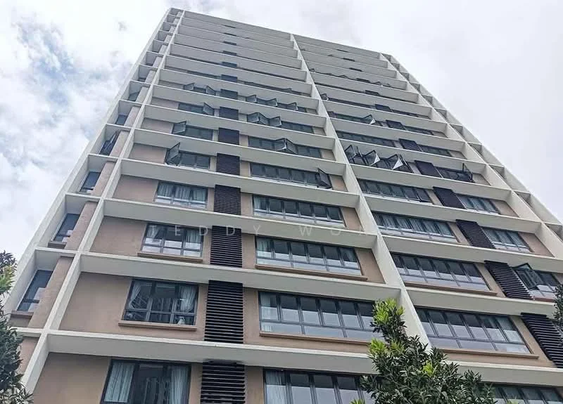 Exterior type: high-rise condominium; features: cream painted facade, glass windows, recessed balconies, vertical fins, approximately 10-storey high-rise, landscaped greenery at base; style: modern.