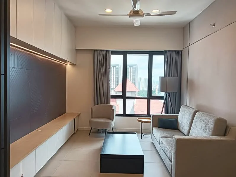 Living features: 3-seater fabric sofa in light grey, coffee table in black, wall-mounted TV console with storage, floor-to-ceiling windows, curtains in light grey, ceiling fan with light, recessed downlights, light-colored wall with accent panel, tile flooring in light beige; style: modern; view: city.