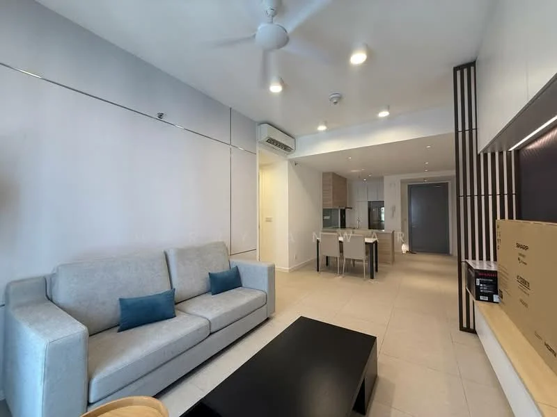 Living features: 3-seater fabric sofa in light grey, 2 blue accent cushions, black coffee table, wall-mounted TV, TV console, ceiling fan with light, recessed downlights, cream tiled flooring, white painted walls, open-plan layout to kitchen, sliding glass door to balcony, built-in cabinetry, decorative wall paneling; style: modern. Kitchen features: kitchen island, stainless-steel sink, built-in oven, freestanding range oven, microwave, wood cabinetry, grey countertops, open shelving, recessed downlights; style: modern.