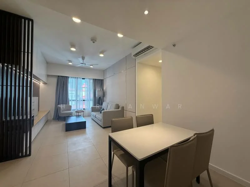 Living features: light-colored walls, white ceiling with recessed downlights, 5-blade ceiling fan, large window with sheer curtains, tile flooring, sofa, coffee table, dining table with four chairs, built-in cabinetry, wall-mounted TV, decorative wall paneling; style: modern; view: city.