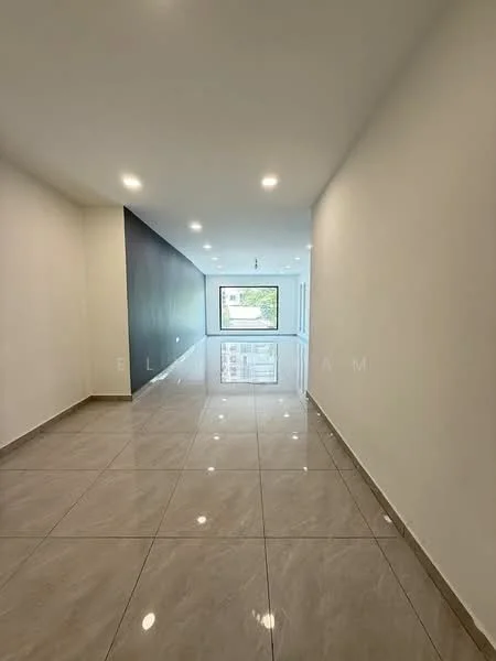Room features: white painted walls, grey accent wall, glossy ceramic tile flooring, recessed LED downlights, large window with view, open layout, neutral color scheme, modern design; style: modern.