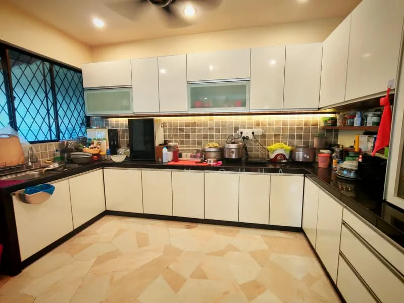Kitchen features: L-shaped kitchen layout, white flat-panel cabinets, black countertop, ceramic tile backsplash, stainless-steel sink, chrome pull-down faucet, built-in oven, stainless-steel microwave, electric stove, kitchen appliances visible, open shelving, under-cabinet lighting, tile flooring, ceiling fan; style: modern.