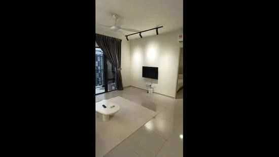 Living features: light grey tiled flooring, white painted walls, 5-blade ceiling fan with light, track lighting, floor-to-ceiling windows, curtains in dark grey, wall-mounted TV, white coffee table; style: modern; view: city.