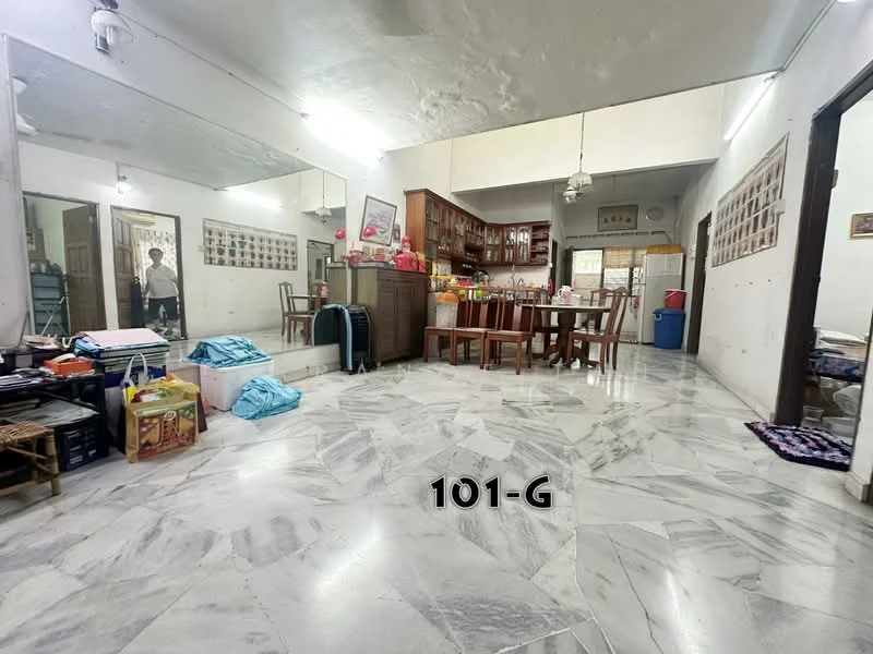 Living features: marble flooring, white painted walls, ceiling fan, dining table with chairs, wood cabinetry, kitchen area visible, mirrored wall, decorative wall frames, multiple light fixtures, open layout, storage boxes, laundry items, area rug.