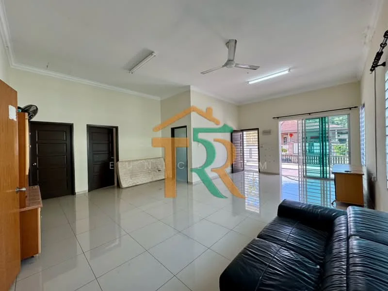 Living features: white painted walls, glossy ceramic tile flooring, 5-blade ceiling fan, large sliding glass door, window with blinds, black leather sofa, wooden side table, built-in wooden cabinet, decorative wall panel, natural light from windows; style: modern; view: garden.