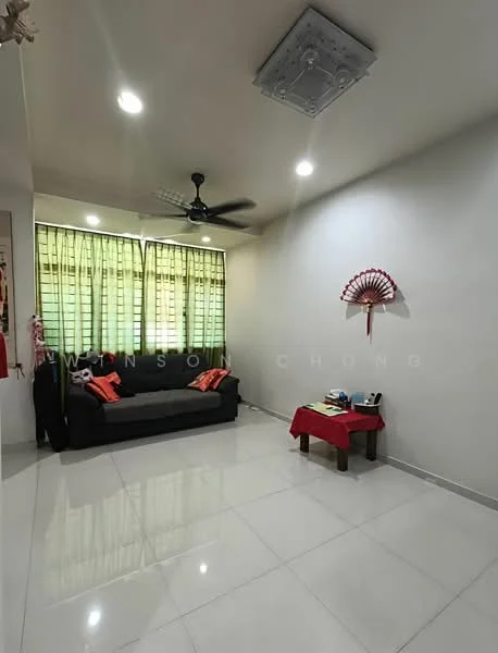 Living features: white painted walls, glossy ceramic tile flooring, 5-blade ceiling fan with light, recessed LED downlights, sofa in dark fabric, coffee table, decorative wall fan, curtains on windows; style: modern.