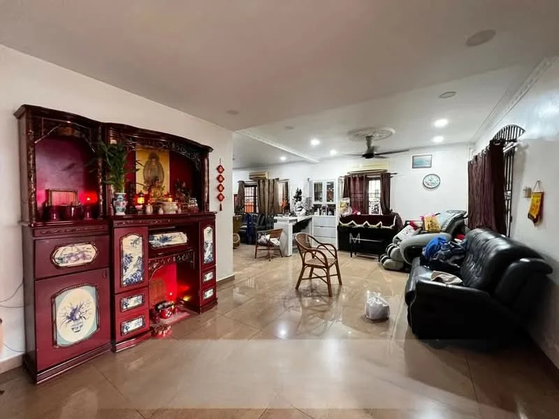 Living features: cream painted walls, glossy tile flooring, recessed downlights, 5-blade ceiling fan, black leather sofa, wooden armchair, decorative cabinet with intricate design, wall-mounted clock, curtains on windows, area rug, dining table in background, decorative plants; style: traditional.