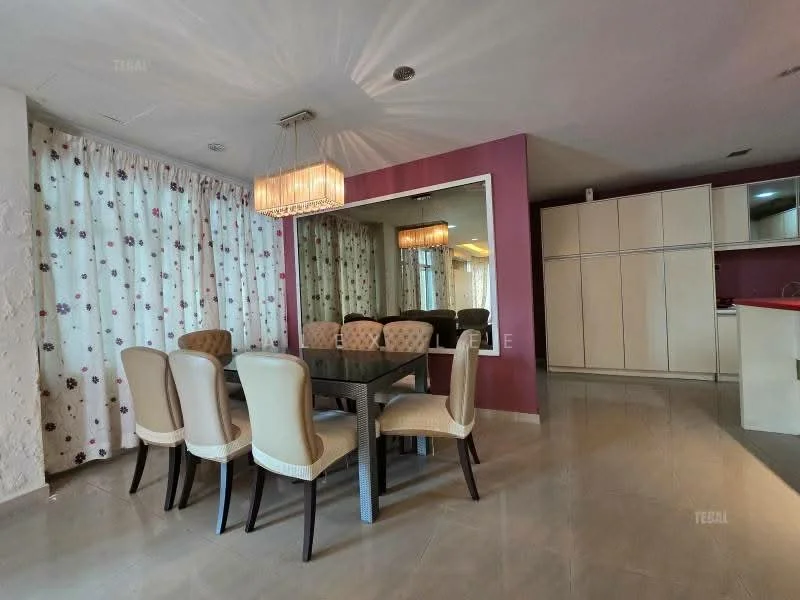 Dining features: 6-seater dining table, upholstered dining chairs, chandelier, mirrored wall, cream curtains with floral pattern, grey tiled flooring, wall with maroon paint, open kitchen view; style: modern. Kitchen features: kitchen cabinetry, countertop, open layout; style: modern.