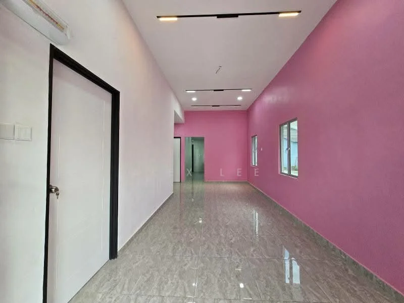 Room features: pink painted walls, white painted walls, glossy tile flooring, recessed LED downlights, single door, windows with white frames, open layout, high ceiling; style: modern.