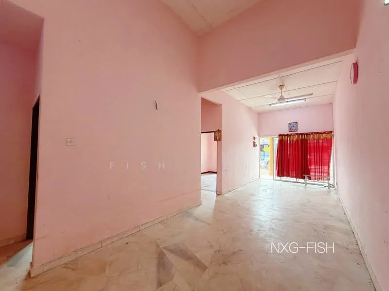 Room features: pink painted walls, marble flooring, ceiling fan, window with red curtains, doorway leading outside, light fixture on ceiling.