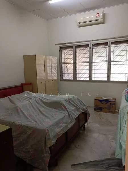 Bedroom features: two single beds with bedding, wooden bed frames, built-in wardrobe with sliding doors, window with metal grille, air conditioning unit on wall, marble flooring, light fixture on ceiling, box on floor.