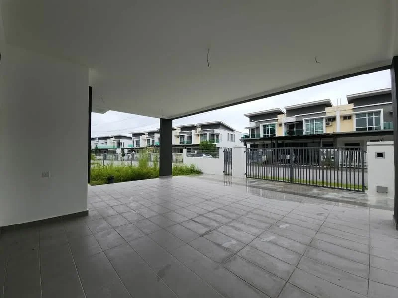 Room features: grey tiled flooring, white painted walls, large open space, overhead ceiling with no visible fixtures, sliding glass doors, views of exterior landscaping, covered patio area, concrete columns; style: modern; view: garden.