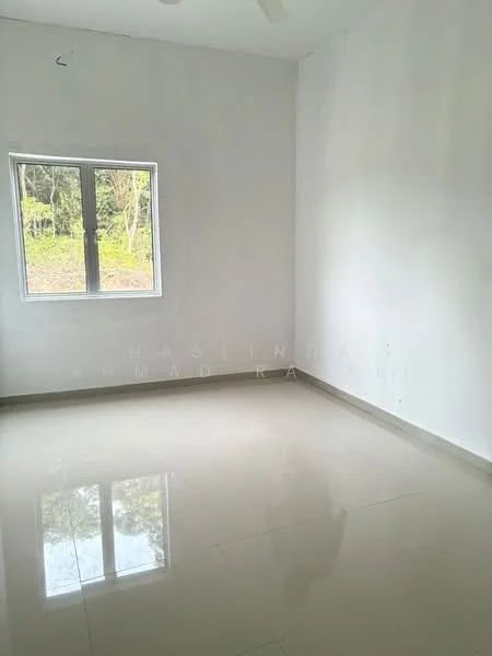 Room features: white painted walls, glossy tile flooring, floor-to-ceiling window, natural light from window, view of greenery outside; view: garden.