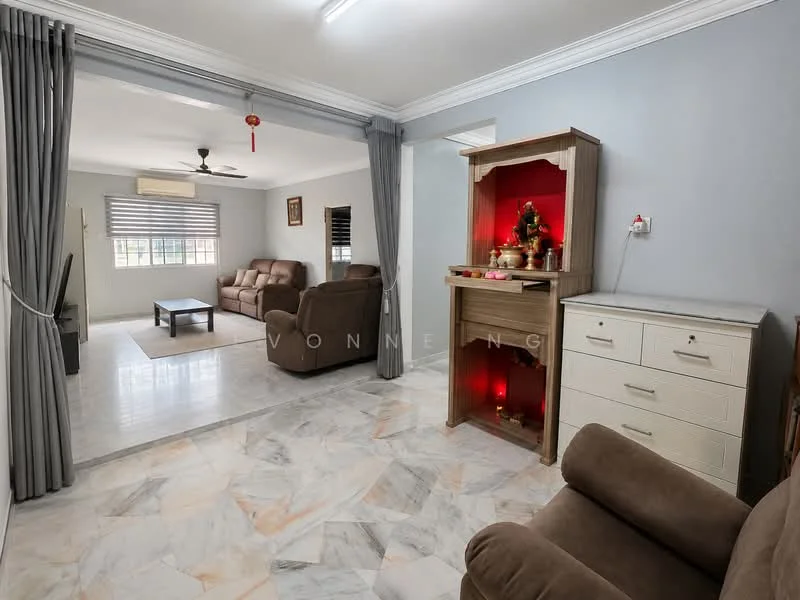 Living features: marble flooring, grey painted walls, ceiling fan, 3-seater fabric sofa in brown, 2-seater fabric sofa in brown, coffee table, TV console, decorative shelf with lighting, window with blinds, curtains, wall-mounted electrical outlet, decorative items on shelf; style: contemporary. Room features: marble flooring, grey painted walls, window with blinds, curtains.