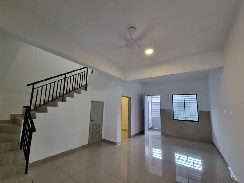 Room features: white painted walls, glossy tile flooring, 5-blade ceiling fan, recessed downlights, staircase with metal railing, window with horizontal bars, doorway leading to another room, doorway leading to staircase; style: modern.