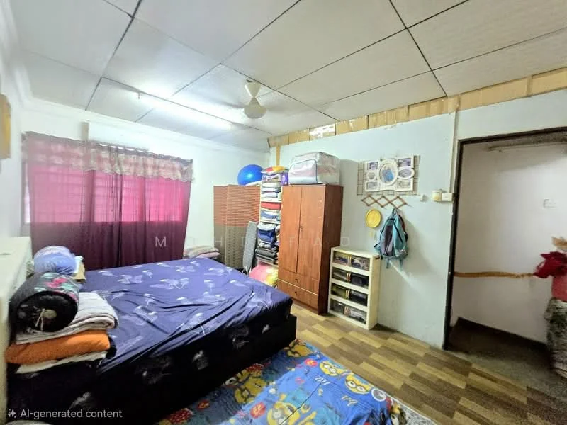 Bedroom features: queen-size bed with blue bedding, wooden wardrobe, open shelving unit, wooden flooring, ceiling fan, window with sheer curtains, wall-mounted hooks, decorative wall art, plaid area rug.