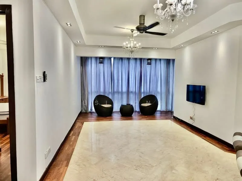 Living features: marble flooring, white painted walls, recessed downlights, 5-blade ceiling fan, chandelier, floor-to-ceiling windows, sheer curtains, wall-mounted TV, two modern accent chairs, wooden baseboards; style: modern.