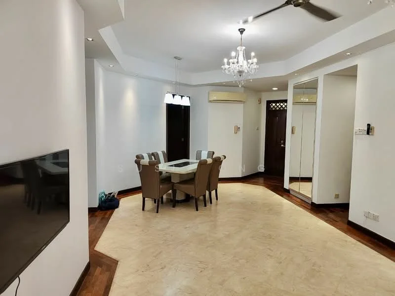 Dining features: round dining table, 6 upholstered dining chairs, chandelier, wall-mounted TV, wooden flooring, white painted walls, recessed downlights, mirror wall, ceiling fan; style: modern. Room features: cream tiled flooring, white painted walls, crown moulding, air conditioning unit.