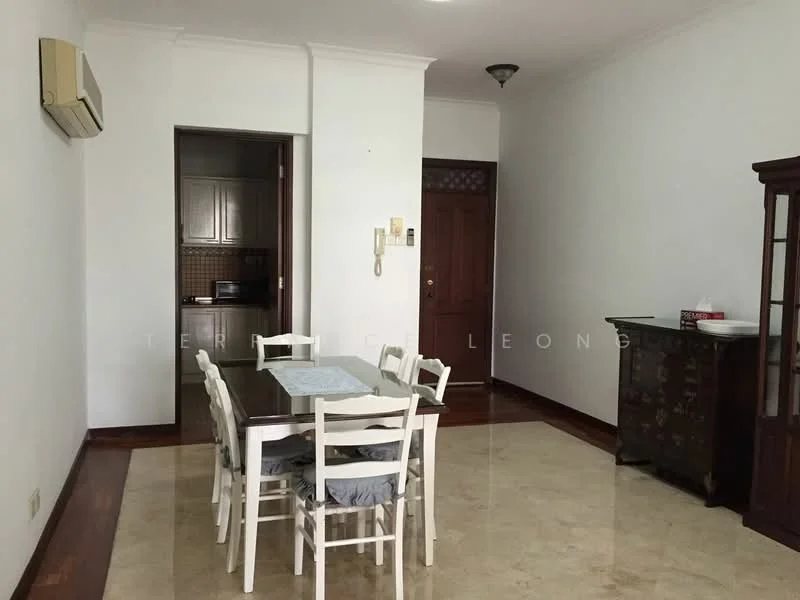 Dining features: marble flooring, white painted walls, ceiling light fixture, dining table with 6 chairs, wooden sideboard, air conditioning unit, door leading to kitchen, door leading to entrance; style: modern. Kitchen features: dark wood cabinetry, kitchen countertop, kitchen appliances visible; style: modern.