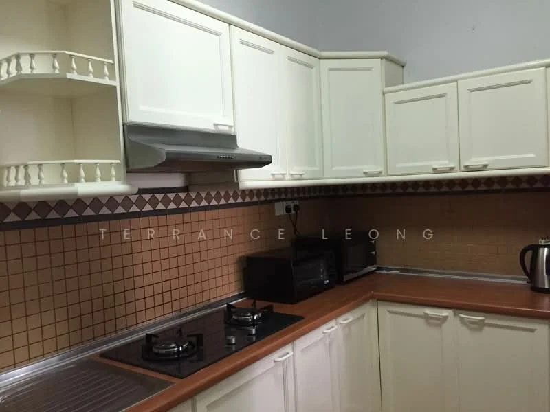 Kitchen features: white shaker cabinets, brown laminate countertop, stainless-steel range hood, 2-burner gas hob, built-in microwave, black microwave, kettle, tile backsplash with geometric pattern, cream tiled walls, brown tiled flooring; style: modern.