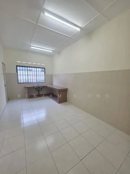 Laundry features: white tiled flooring, cream tiled walls, single-bowl stainless-steel sink, countertop, window with grid pattern, fluorescent ceiling lights.