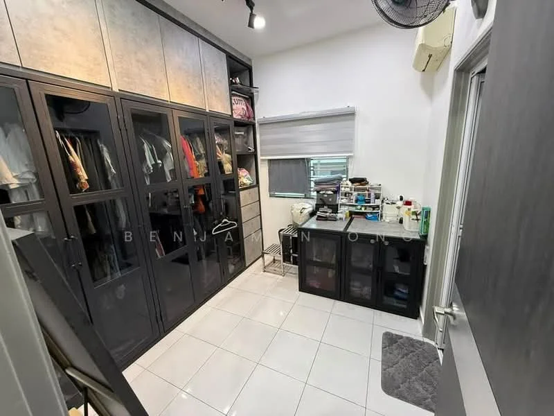 Room features: built-in wardrobe with glass doors, white tiled flooring, wall-mounted air conditioning unit, window with roller blinds, shelving units, clothing rack, storage cabinets, mirror, ceiling lights, grey bath mat; style: modern.