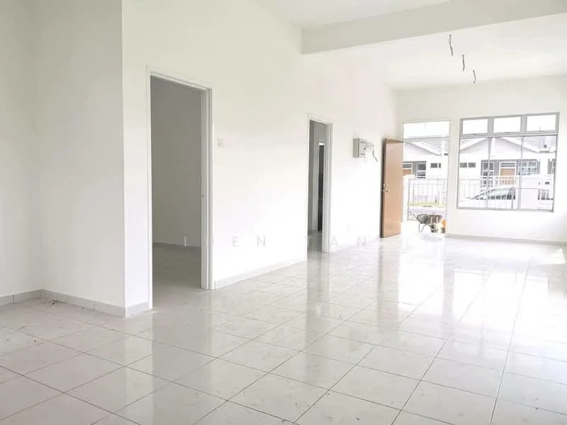 Room features: white painted walls, glossy ceramic tile flooring, large windows allowing natural light, open layout, ceiling with exposed light fixtures, doorway leading to another room, doorway leading to bathroom, neutral color scheme; style: modern; view: garden.