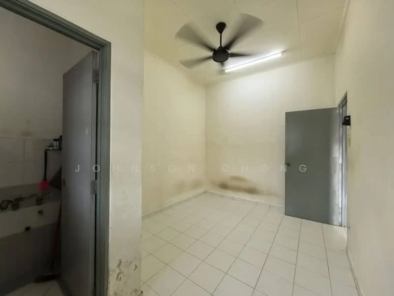 Room features: white painted walls, ceiling fan, tiled flooring, single door, grey door, light-colored ceiling, no visible furniture, corner space.