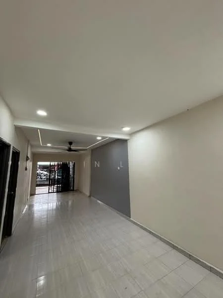 Room features: white painted walls, grey accent wall, polished ceramic tile flooring, recessed downlights, ceiling fan, sliding glass door, open layout, natural light from entrance; style: modern.