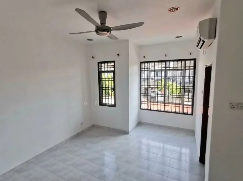 Room features: white painted walls, ceramic tile flooring, 5-blade ceiling fan, 2 windows with black grills, air conditioning unit, natural light from windows, corner room layout, neutral color scheme; style: modern; view: garden.