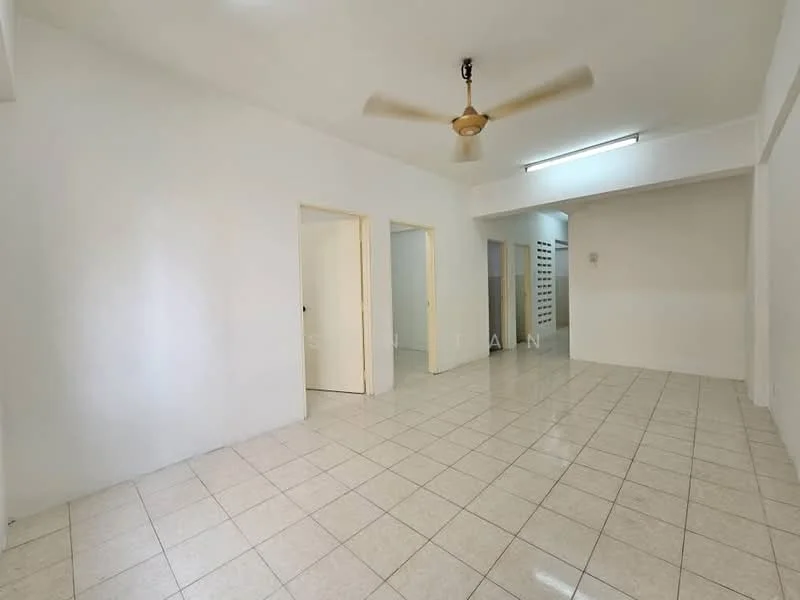 Room features: white painted walls, tile flooring, ceiling fan, recessed lighting, multiple doorways, open layout, neutral color scheme, large windows; style: modern.
